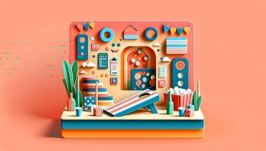 Paper art illustration featuring a cornhole board and bean bags for tournament registration form template.