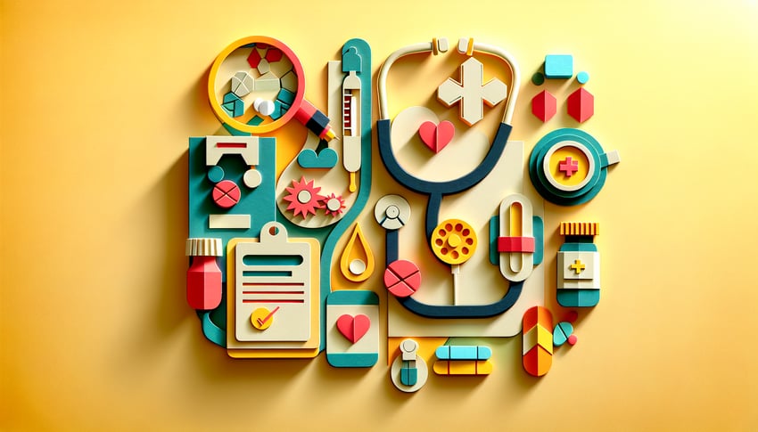 Paper art illustration showcasing a medical record audit form template for FormCreatorAI article