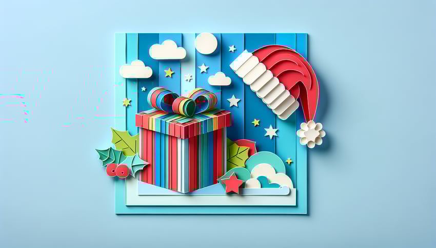 Paper art illustration featuring festive elements and gift boxes for Secret Santa gift exchange article