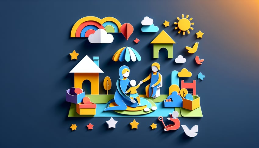 Paper art illustration depicting a babysitter application form with checkboxes and fields for personal information and experience