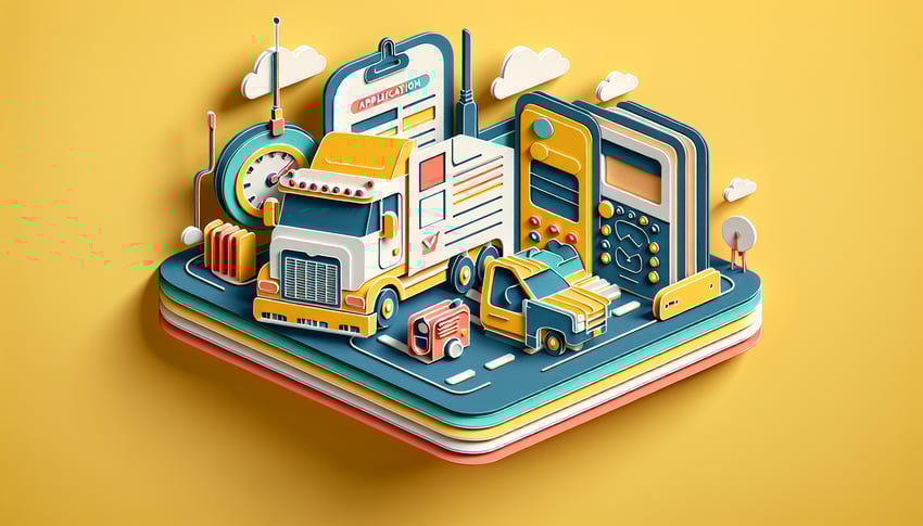 paper art illustration depicting a truck driver application form with sections for personal details and driving experience