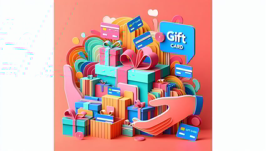 Paper art illustration featuring a gift card and giveaway forms for an article about Gift Card Giveaway Form Template FormCreatorAI