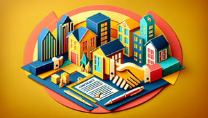 Paper art illustration depicting a real estate client intake form with various input fields and design elements.