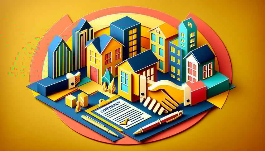 Paper art illustration depicting a real estate client intake form with various input fields and design elements.