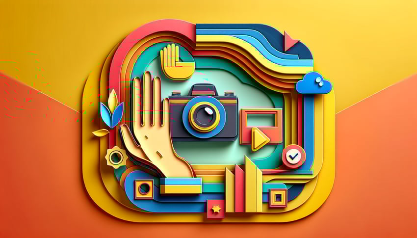 Paper art illustration depicting elements related to photo release forms and permissions for an article on FormCreatorAI