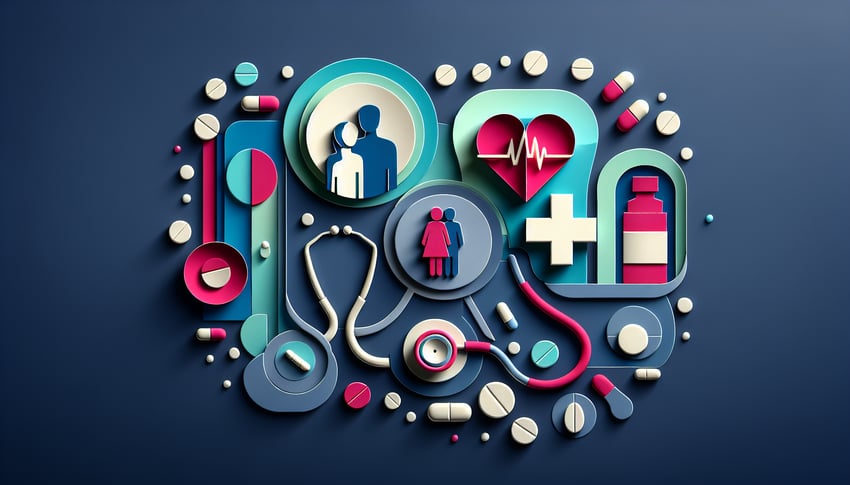 Paper art illustration depicting a patient encounter form for a healthcare article on FormCreatorAI