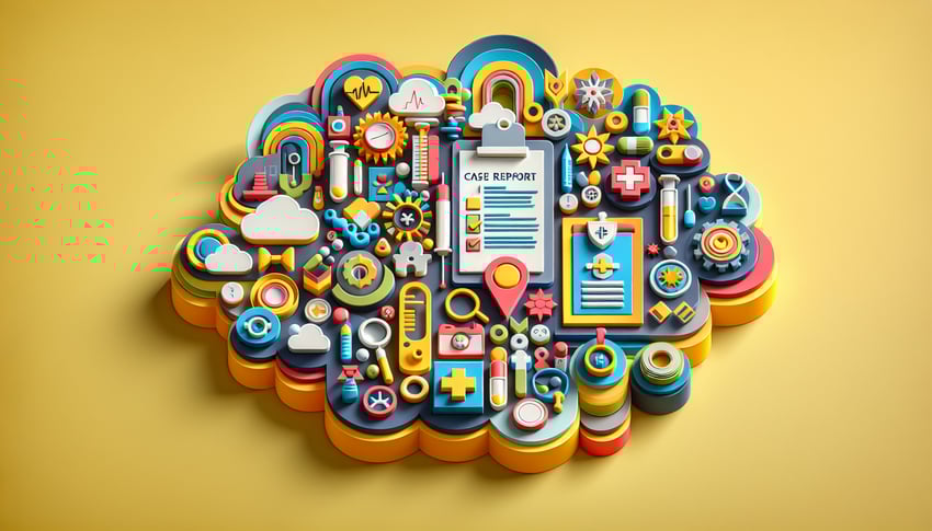 Paper art illustration depicting a case report form template for FormCreatorAI article.