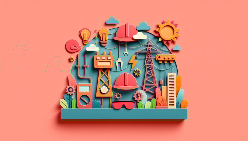 Paper art illustration depicting an electrical commissioning checklist form with tools and equipment.