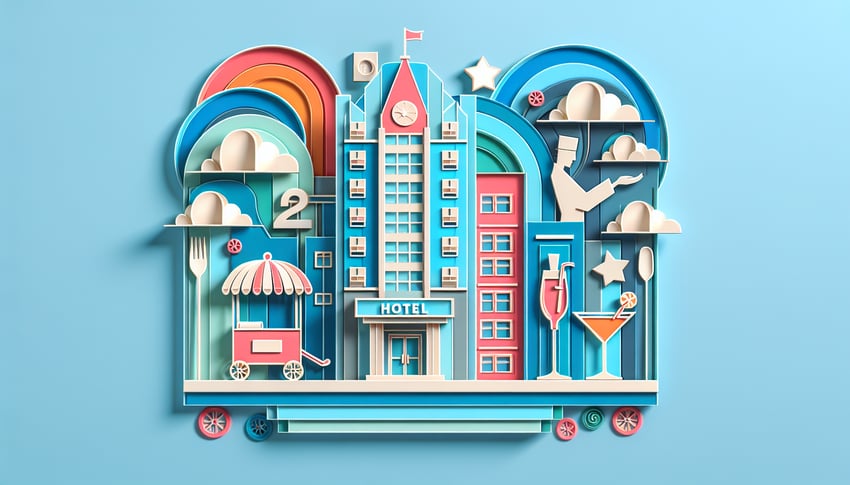 Paper art illustration depicting a hotel sales lead form template for FormCreatorAI article