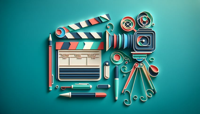 Paper art illustration depicting a photo and video release form for FormCreatorAI article