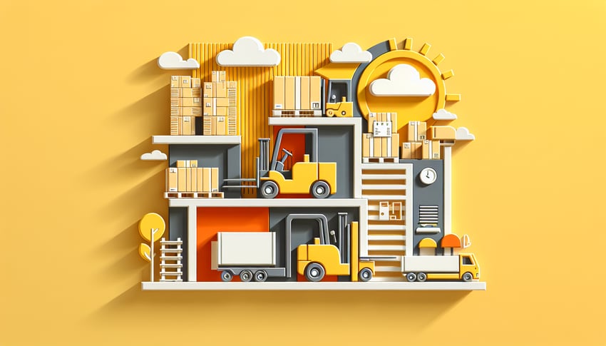 Paper art illustration depicting a warehouse release form design for FormCreatorAI article