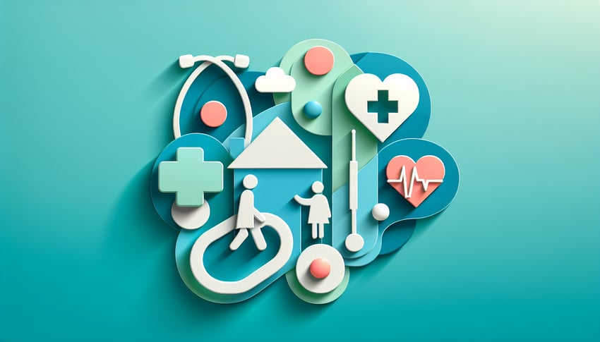 Paper art illustration featuring healthcare forms and templates for home health certification and care planning