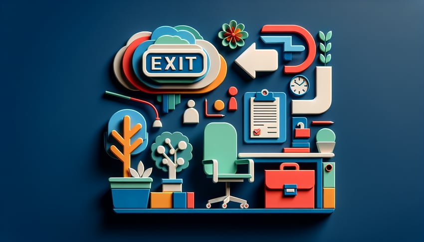 Paper art illustration depicting an employee exit interview survey form in a creative and engaging design.