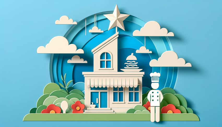 Paper art illustration depicting a restaurant evaluation form with checkboxes and rating scales for feedback.