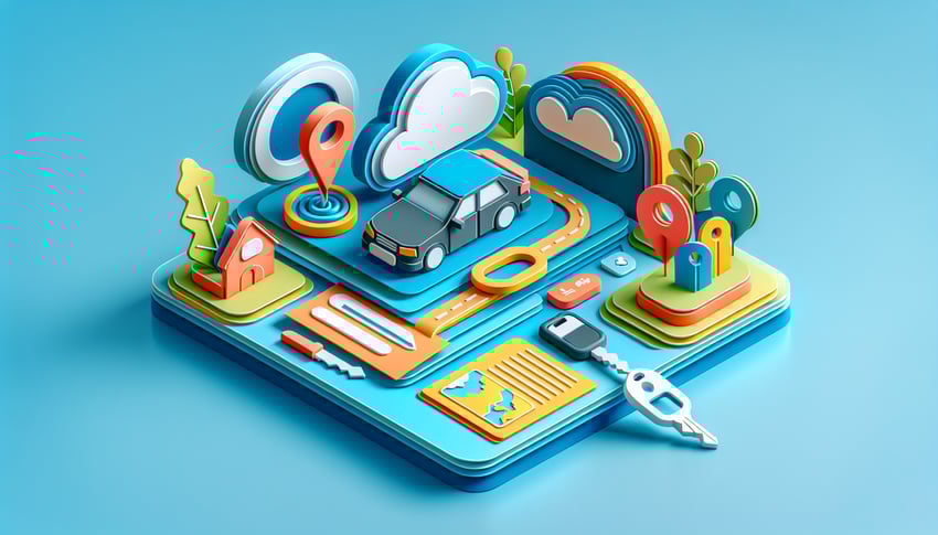 Paper art illustration featuring a car rental form template and design elements for FormCreatorAI.