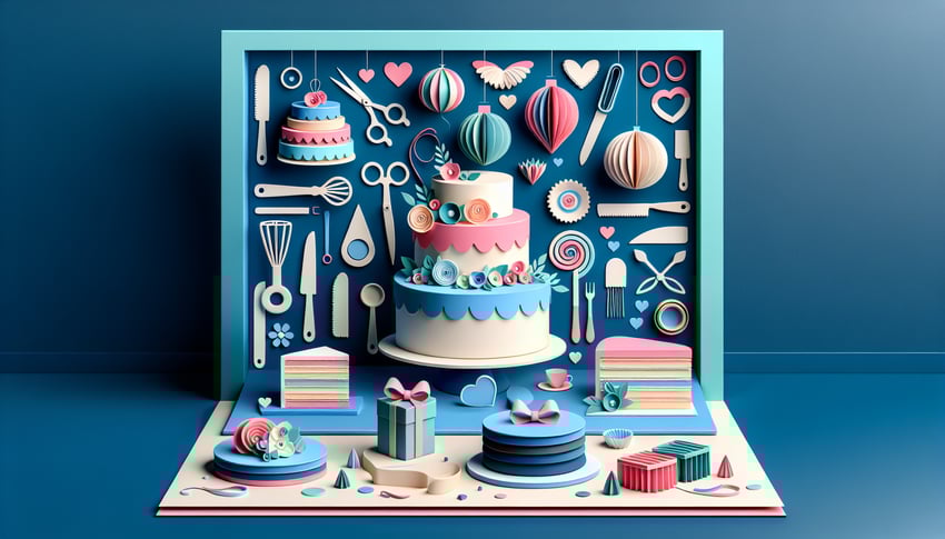 Paper art illustration showcasing a custom cake order form with decorative elements for FormCreatorAI article