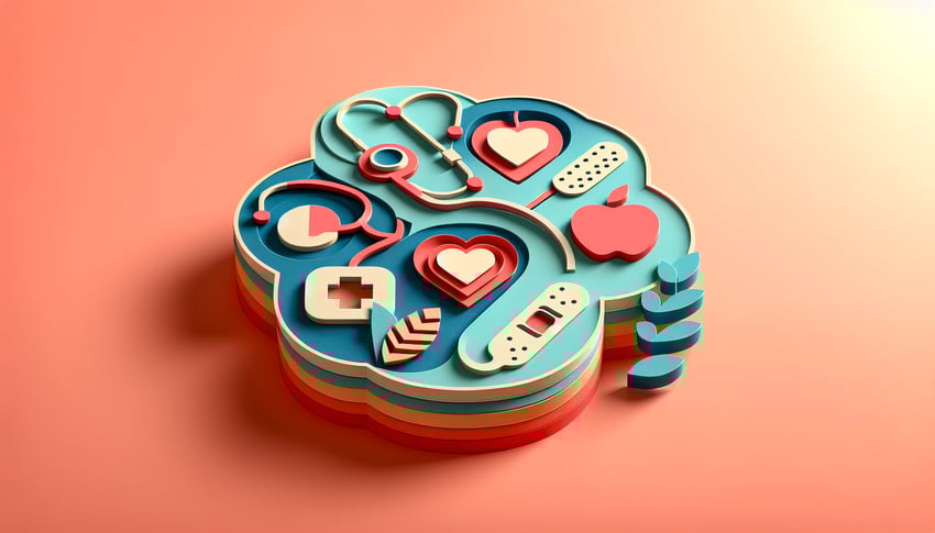 Paper art illustration depicting a health questionnaire form with checkboxes and questions for FormCreatorAI article