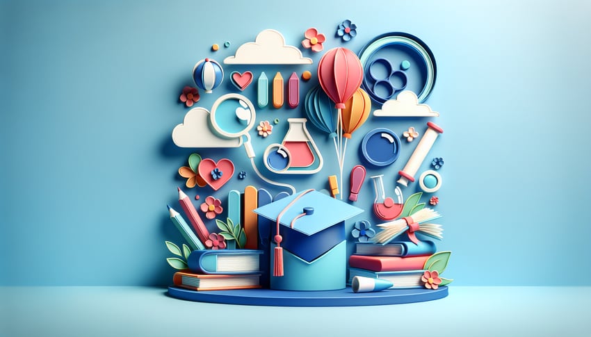 Paper art illustration depicting a secondary school report form with various fields and sections for student evaluation