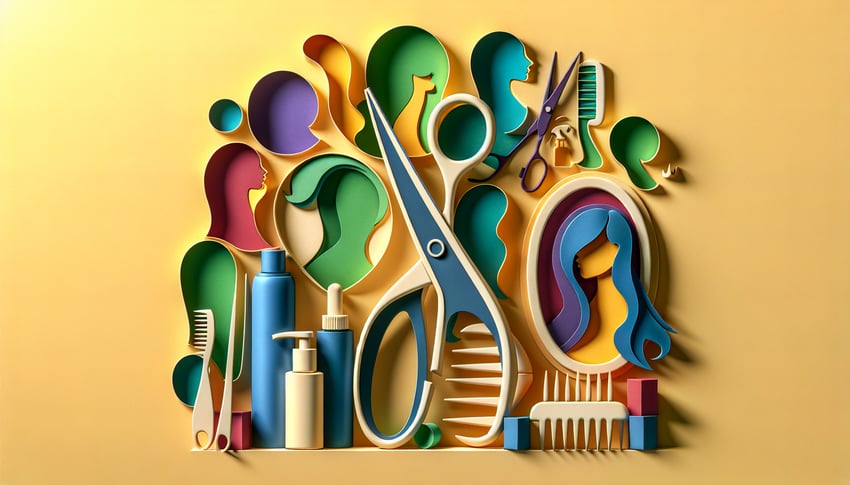 Paper art illustration depicting a hair consultation form with styling tools and a persons silhouette on a vibrant background