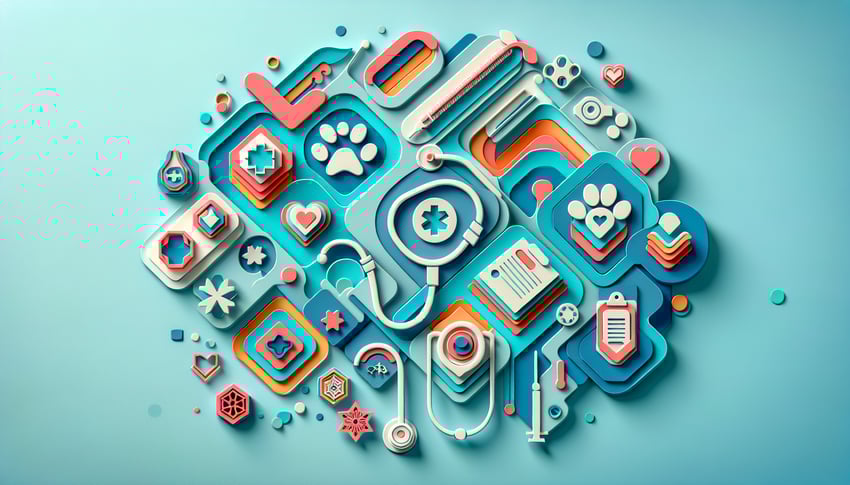 Paper art illustration showcasing a veterinary EMR form template design for FormCreatorAI article.