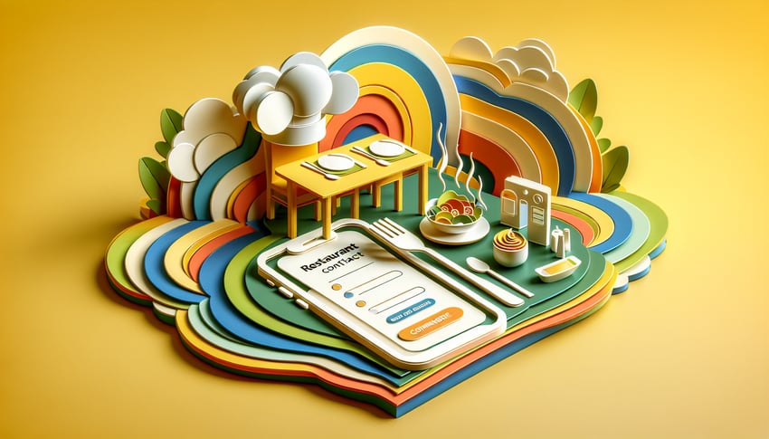Paper art illustration showing a restaurant contact form design with pen and decorative elements for an article on FormCreatorAI
