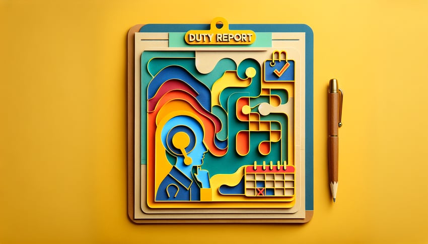 Paper art illustration highlighting a duty report form template for FormCreatorAI article