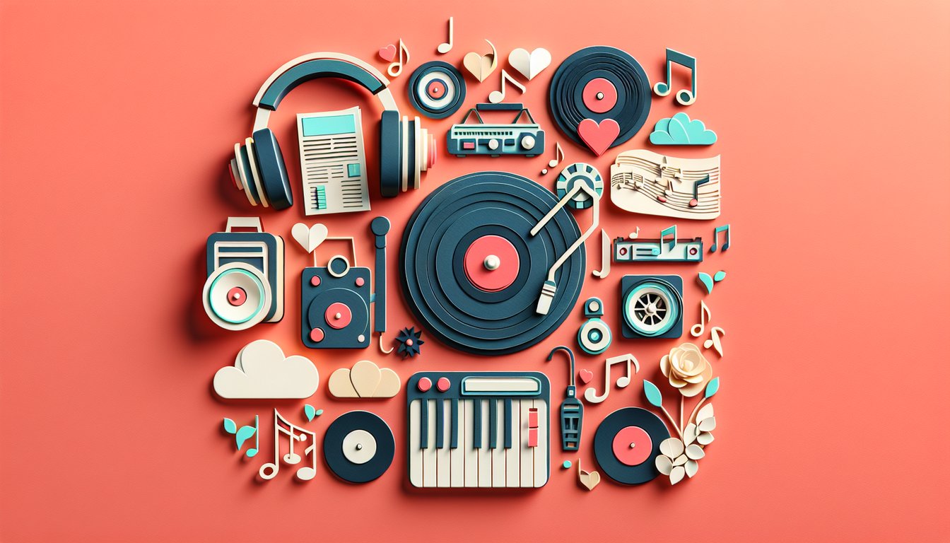 Paper art illustration depicting a wedding DJ planning form template for FormCreatorAI article.