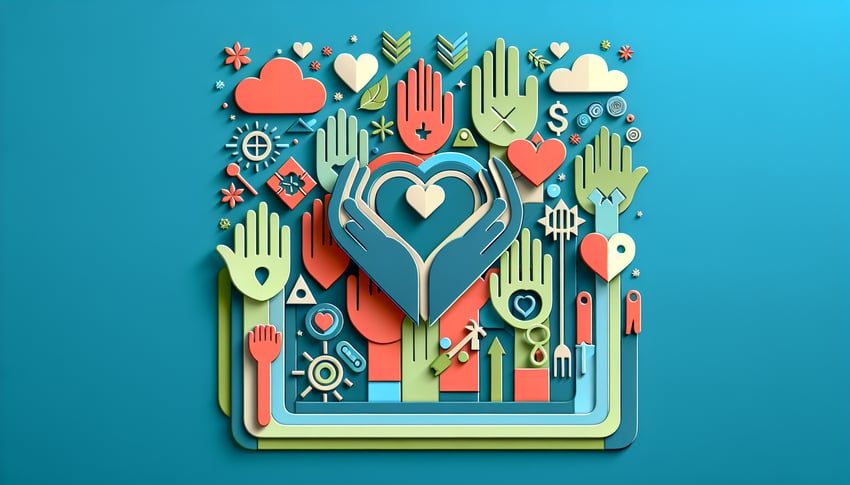 Colorful paper art illustration depicting a community service hours tracking form with charts and checkboxes.