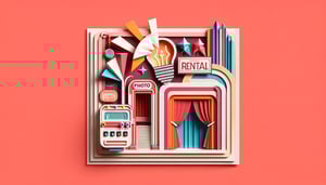 Paper art illustration showcasing a photo booth setup and rental form elements for an article on FormCreatorAI