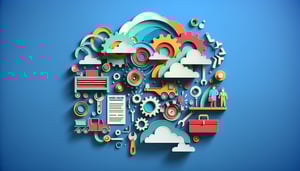 Paper art illustration depicting facilities work order request form template design and layout for informative article