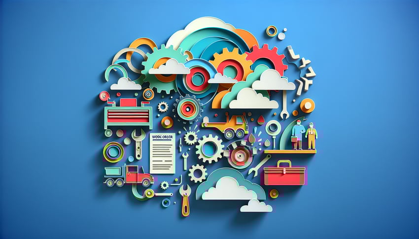 Paper art illustration depicting facilities work order request form template design and layout for informative article