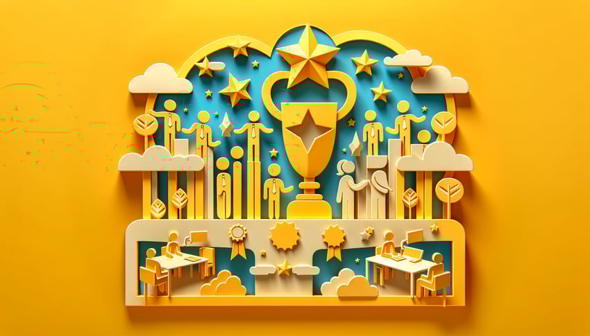 Paper art illustration featuring a voting form template for employee recognition in a creative office setting