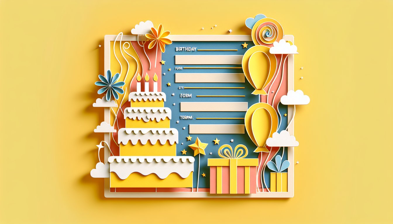 Paper art illustration depicting a birthday event registration form with festive elements and vibrant colors.