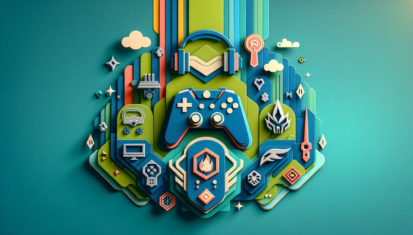 Paper art illustration featuring gaming elements and a form highlighting gaming clans application process