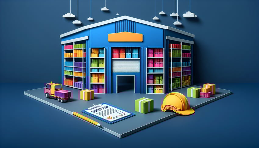 Paper art illustration depicting a warehouse inspection checklist template for FormCreatorAI article