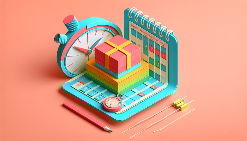 Paper art illustration featuring a delivery schedule form with sections for dates, items, and recipient details