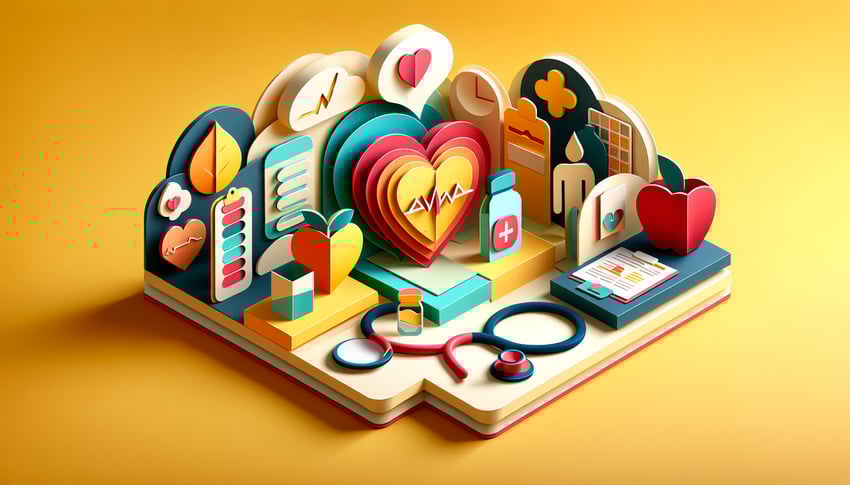 Paper art illustration depicting a self-health assessment form with various health-related elements and design features
