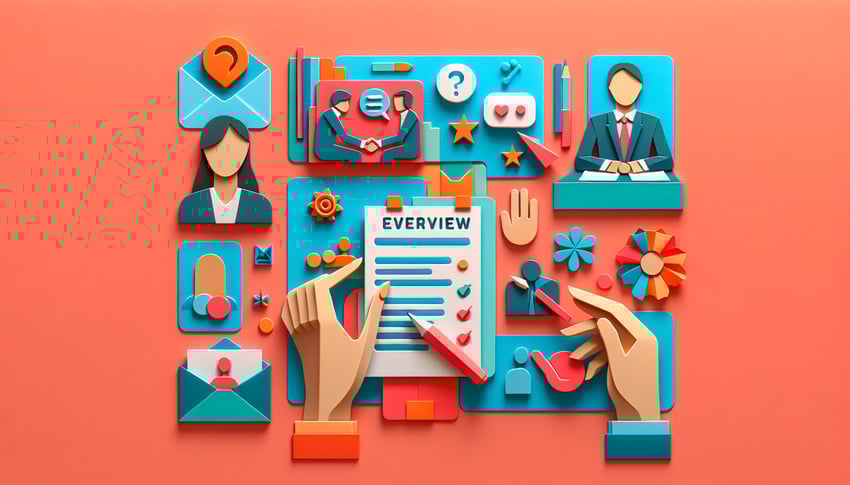 Paper art illustration showcasing an interview evaluation form template with creative design elements.