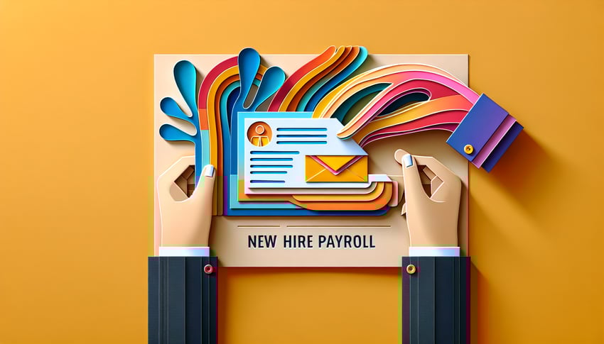 Paper art illustration depicting a new hire payroll form for FormCreatorAI article