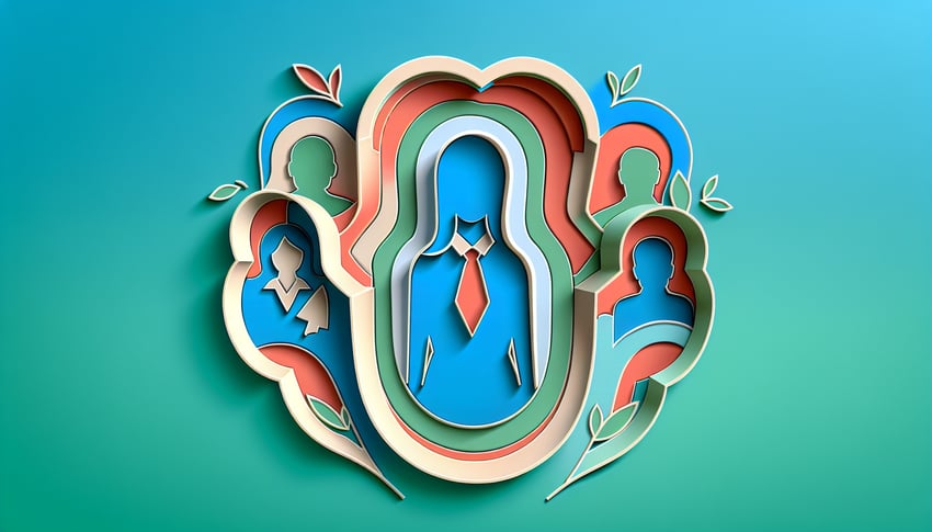 Paper art illustration featuring a self appraisal form and office supplies for article on employee self appraisal template