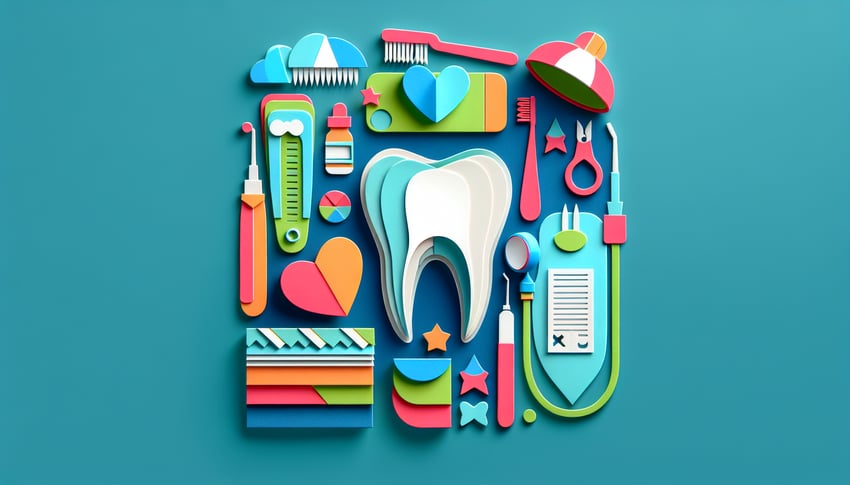 paper art illustration depicting a dental records release form with pencil and dental related icons