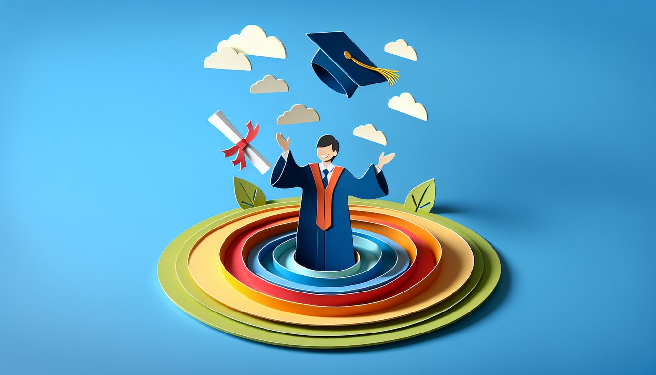 Paper art illustration featuring a graduation cap and diploma for a graduation ceremony invitation form template article