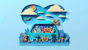 Colorful paper art illustration featuring Halloween themes for trunk or treat event survey form template