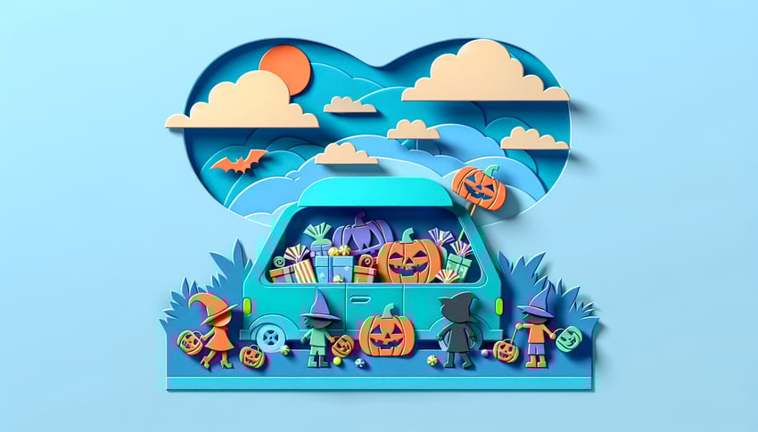 Colorful paper art illustration featuring Halloween themes for trunk or treat event survey form template