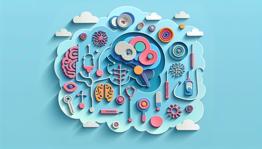 Paper art illustration depicting a neurological exam form template with key sections and a clean layout for easy use