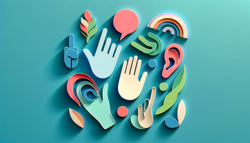 Paper art illustration depicting a communication assessment form template and related design elements.