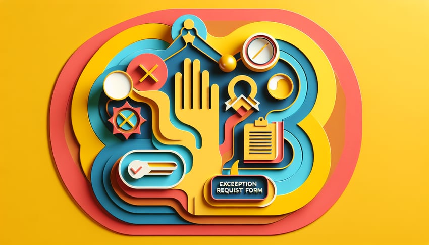 Paper art illustration featuring an exception request form and design elements for FormCreatorAI article