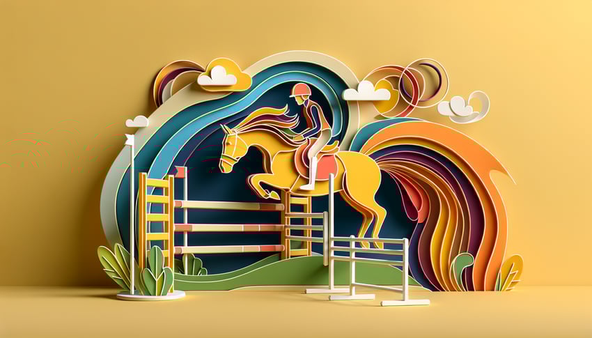 Paper art illustration depicting a horseback riding waiver form with decorative elements related to equestrian activities
