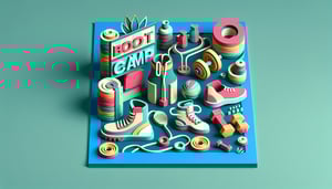 Paper art illustration featuring a fitness boot camp registration form with elements of exercise and training.