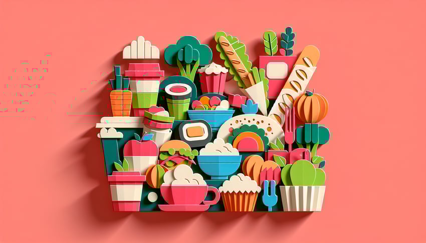 Paper art illustration depicting a food preferences survey form with various food items and checkboxes.